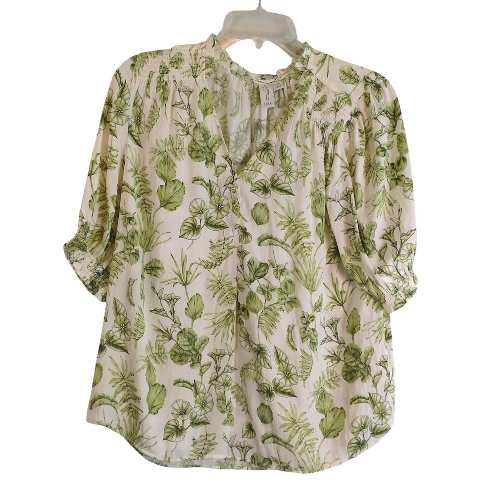 Joie Green Floral Botanical Print Floral Ruffle Neck Smocked Blouse Top Large